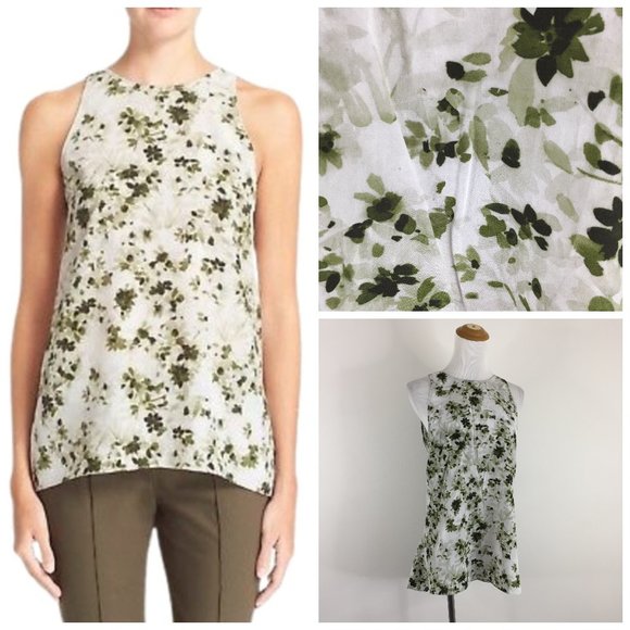 THEORY Gray Green Floral Print KALSTINN Calla 100% Silk High Neck Top - Picture 1 of 10